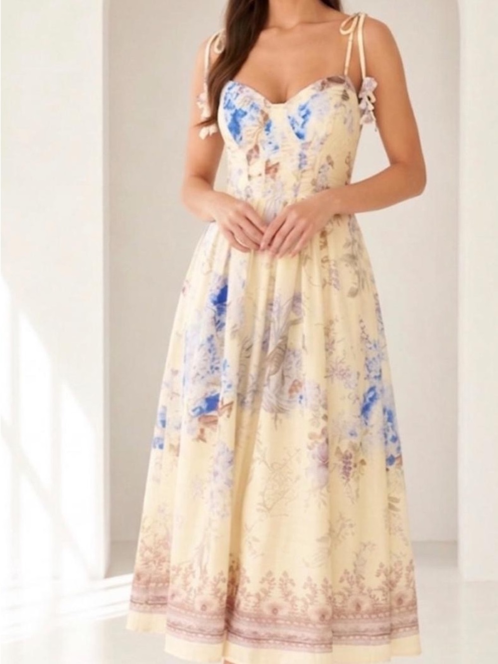 Tie-Shoulder Floral Midi Dress in Pale Yellow